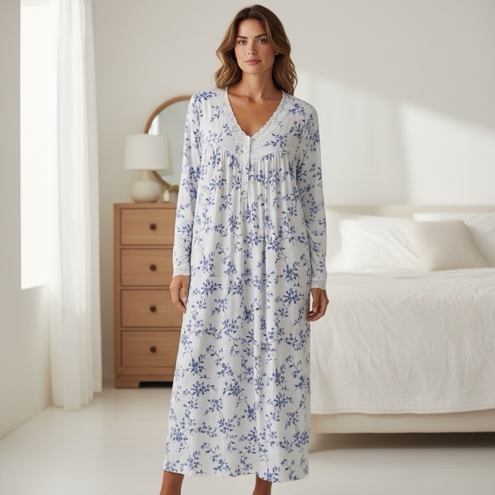 New Eileen West Long Floral Nightgown Size L Long Sleeve Stretch Jersey Knit NWT